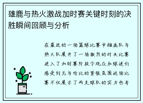 雄鹿与热火激战加时赛关键时刻的决胜瞬间回顾与分析